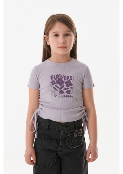 Yazı Baskılı Yanları Büzgülü Kız Çocuk Tişört