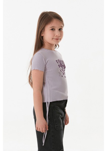 Yazı Baskılı Yanları Büzgülü Kız Çocuk Tişört modelleri