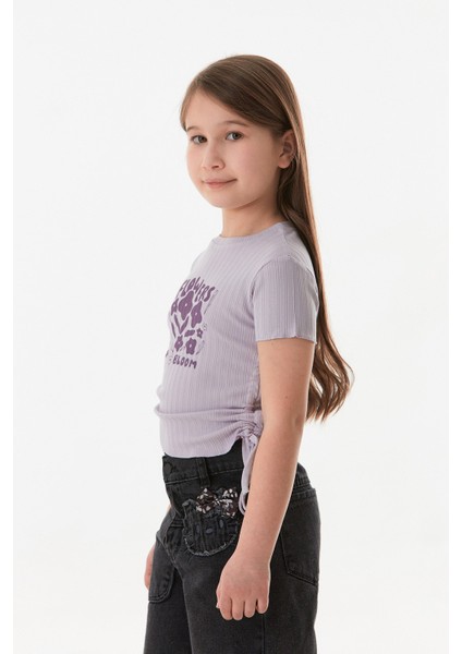 Yazı Baskılı Yanları Büzgülü Kız Çocuk Tişört indirimleri