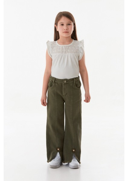 Çiçek Nakışlı Paçası Püsküllü Kız Çocuk Pantolon