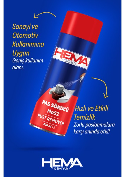 Aerosol Pas Sökücü Mos2 Sprey - Güçlü Pas Temizleyici ve Metal Koruyucu, 400 ml