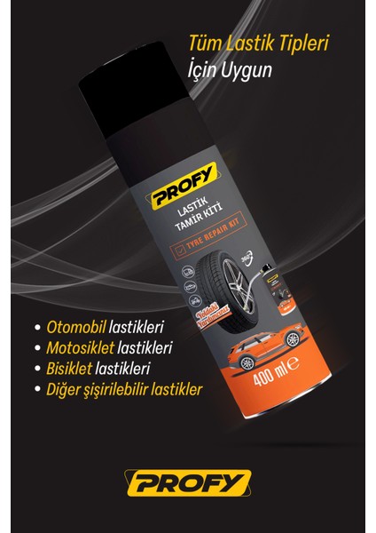 Lastik Tamir Kiti 400 ml - Yolda Kaldığınızda Hızlı ve Pratik Çözüm, 360° Uygulama Özelliği