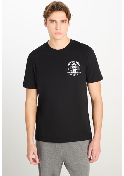 %100 Pamuk Regular Fit Normal Kesim Bisiklet Yaka Baskılı Siyah Tişört