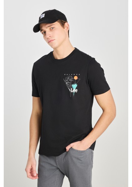 %100 Pamuk Regular Fit Normal Kesim Bisiklet Yaka Baskılı Siyah Tişört
