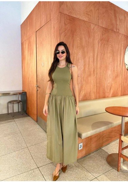 Butik Kolsuz Uzun Elbise - Haki