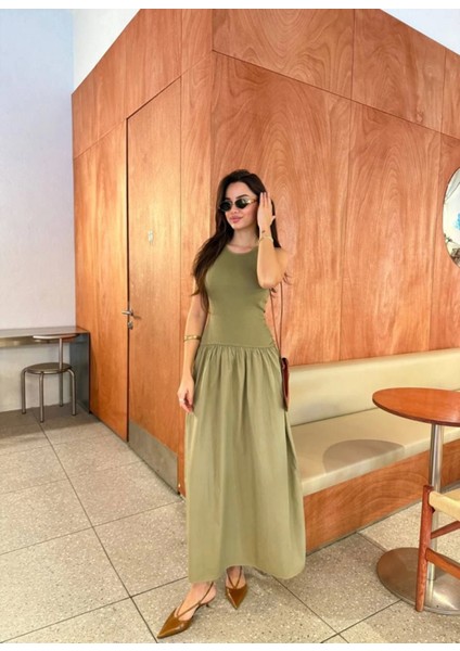 Butik Kolsuz Uzun Elbise - Haki