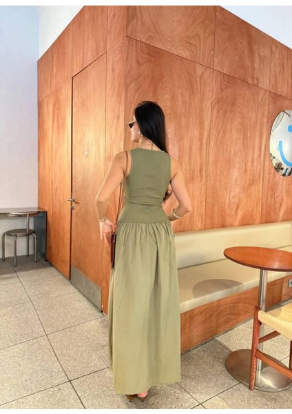 Butik Kolsuz Uzun Elbise - Haki