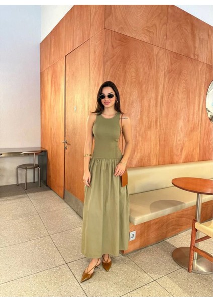 Butik Kolsuz Uzun Elbise - Haki