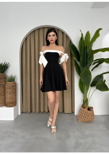 Omuzu Fiyonklu Kloş Mini Elbise