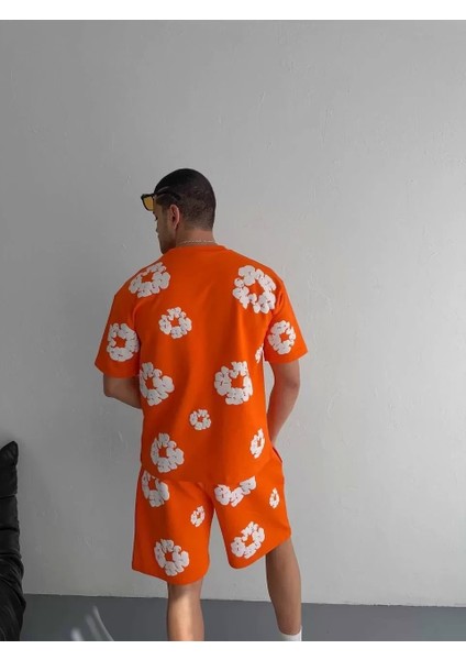 Iki Iplik Kumaş Baskılı T-Shirt Şortlu Takım- Turuncu