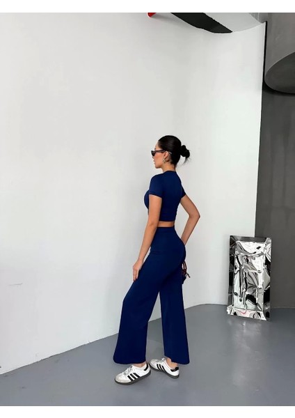 Osy Modal Yumuşak Dokulu Kumaş Kısa Kollu Crop Alt Ispanyol Paça Pantalon Ikili Takım - Lacivert