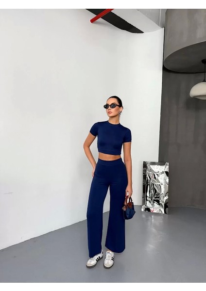 Osy Modal Yumuşak Dokulu Kumaş Kısa Kollu Crop Alt Ispanyol Paça Pantalon Ikili Takım - Lacivert
