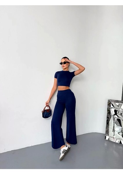 Osy Modal Yumuşak Dokulu Kumaş Kısa Kollu Crop Alt Ispanyol Paça Pantalon Ikili Takım - Lacivert