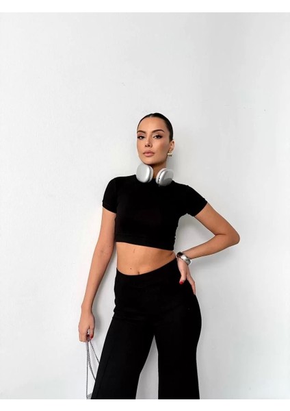 Osy Modal Yumuşak Dokulu Kumaş Kısa Kollu Crop Alt Ispanyol Paça Pantalon Ikili Takım - Siyah