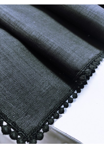 Şık Siyah Keten Runner – Dantel Detaylı Sofra, Masa, Amerikan Servis 40x140