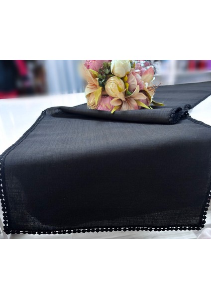 Şık Siyah Keten Runner – Dantel Detaylı Sofra, Masa, Amerikan Servis 40x140