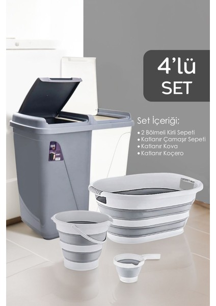 4'lü Katlanır Çamaşır Sepeti Seti, 90 Lt, Katlanabilir, Gri, Dayanıklı Plastik