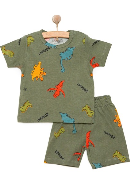 Erkek Kısa Kol Dinazor Desenli Bisiklet Yaka Pijama Takımı
