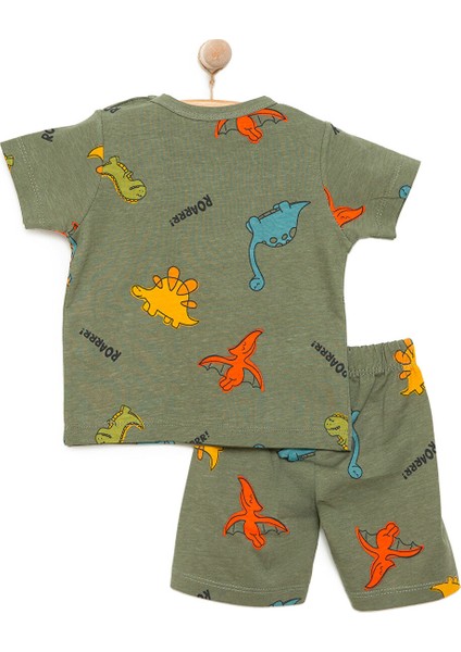 Erkek Kısa Kol Dinazor Desenli Bisiklet Yaka Pijama Takımı