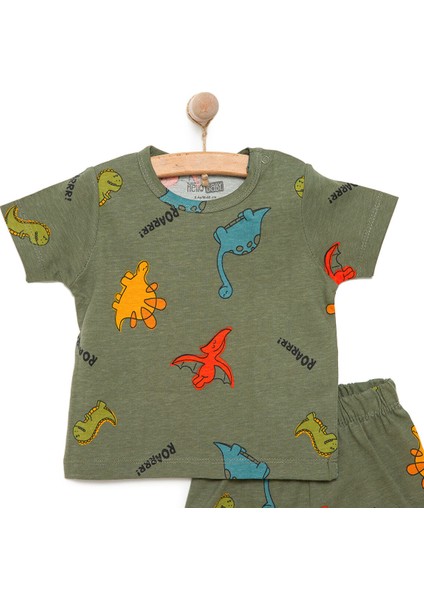 Erkek Kısa Kol Dinazor Desenli Bisiklet Yaka Pijama Takımı