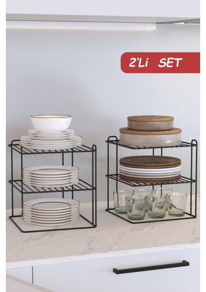 Siyah 2'li 3 Katlı Metal Tabak ve Bardak Organizer, 21x95 cm