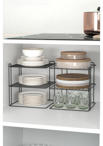 Siyah 2'li 3 Katlı Metal Tabak ve Bardak Organizer, 21x95 cm modelleri