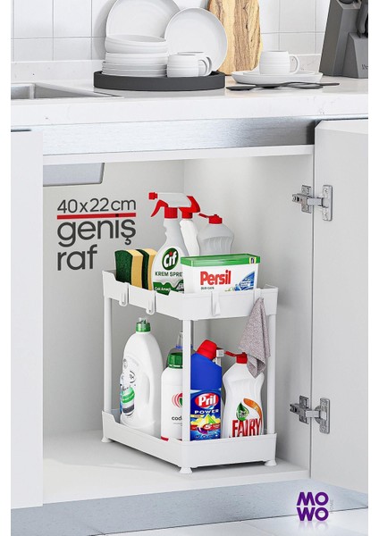 Beyaz 2 Katlı Çok Amaçlı Mutfak ve Banyo Düzenleyici Raf, 22 Parça, 45x20 cm