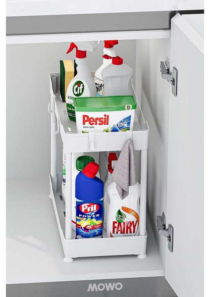 Beyaz 2 Katlı Çok Amaçlı Mutfak ve Banyo Düzenleyici Raf, 22 Parça, 45x20 cm fiyatları