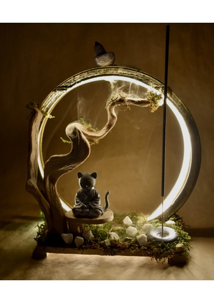 Zen Kedi Tütsülük ve LED Gece Lambası Meditasyonun Büyüsü