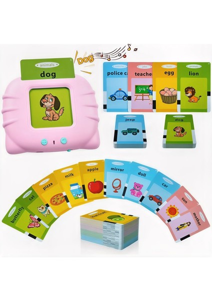 Erken Öğrenim Kartları- Ingilizce Konuşan Sesli Flash Kartlar 112 Kart 224 Görsel Pembe