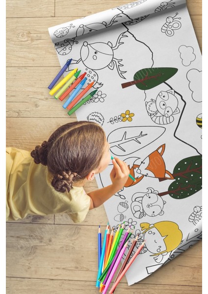 Orman Hayvanları Aktivite Boyama Kağıdı 2.5 Metre Rulo - Bebek ve Çocuk Için Eğitici Aktivite Kağıd