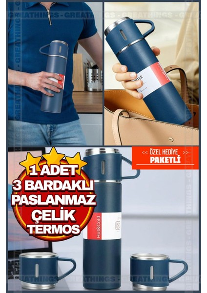 Mavi Piknik Kamp Termosu Paslanmaz Çelik 3 Bardaklı 500 ml Vakumlu Çay Kahve Sıcak Soğuk Termos Seti