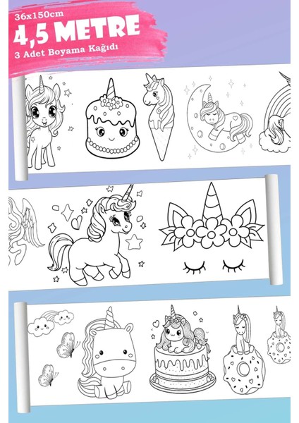 Unicorn Temalı Rulo Aktivite Dev Boyama Kağıdı 4,5 Metre