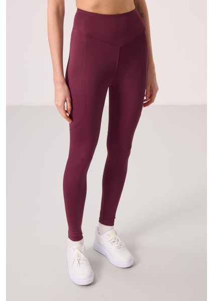 Bordo Polyester Standart Fit Esnek Performans Kadın Tayt - 94666