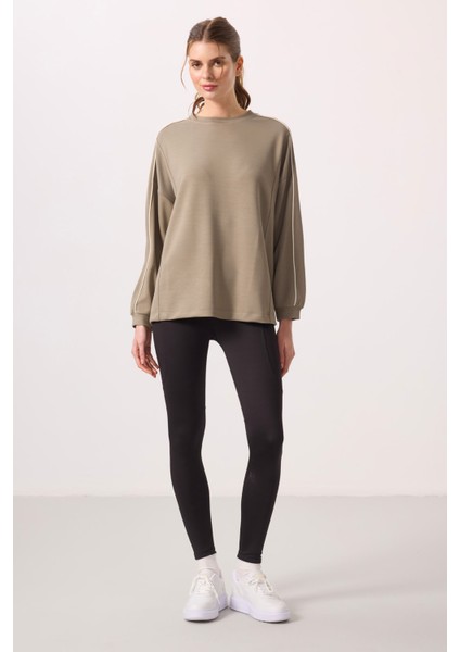 Koyu Bej Yumuşak Dokulu O Yaka Oversize Kadın Tunik Sweatshirt - 97303