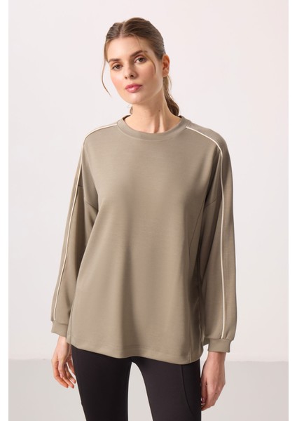 Koyu Bej Yumuşak Dokulu O Yaka Oversize Kadın Tunik Sweatshirt - 97303