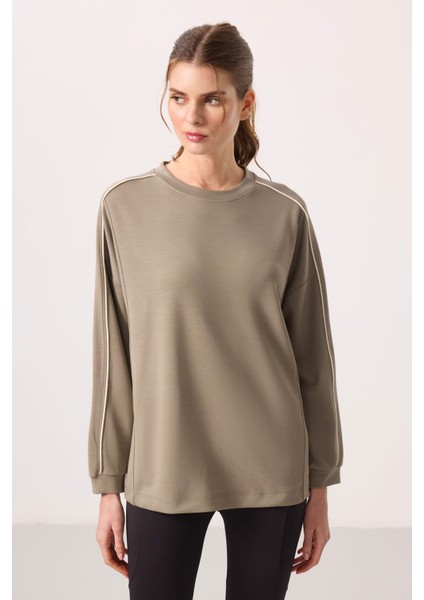 Koyu Bej Yumuşak Dokulu O Yaka Oversize Kadın Tunik Sweatshirt - 97303