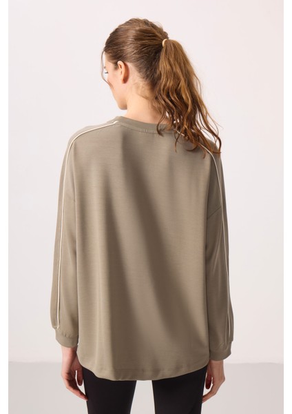 Koyu Bej Yumuşak Dokulu O Yaka Oversize Kadın Tunik Sweatshirt - 97303