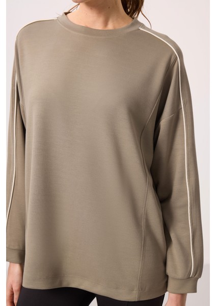 Koyu Bej Yumuşak Dokulu O Yaka Oversize Kadın Tunik Sweatshirt - 97303