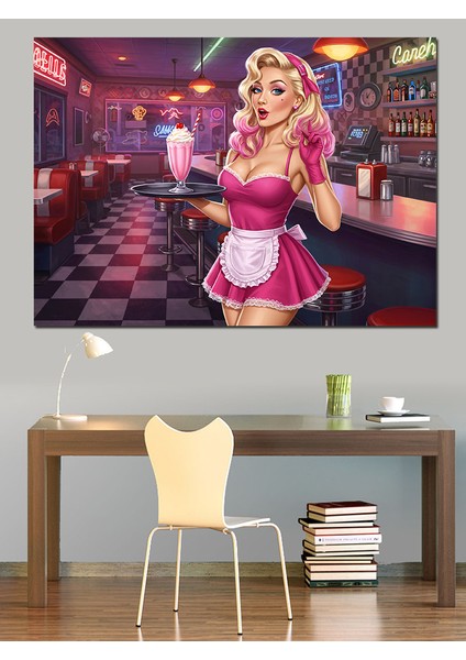 Retro Milkshake Kadını Dekoratif Kanvas - Mdf Ahşap Tablo