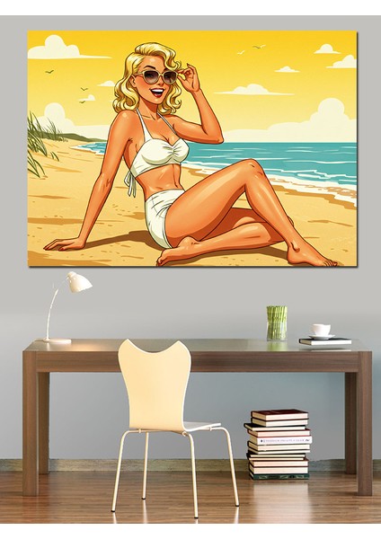 Plajda Retro Kadın Dekoratif Kanvas - Mdf Ahşap Tablo
