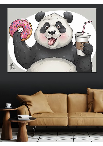 Donut Tutan Panda Dekoratif Kanvas - Mdf Ahşap Tablo
