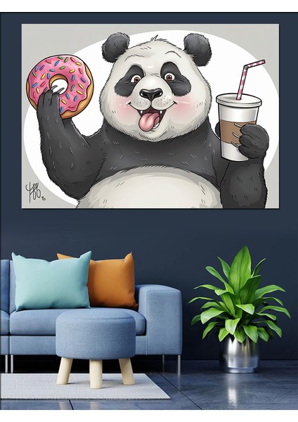 Donut Tutan Panda Dekoratif Kanvas - Mdf Ahşap Tablo