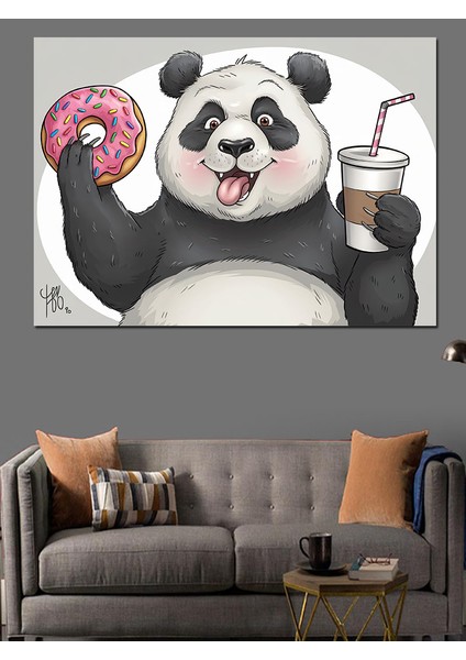 Donut Tutan Panda Dekoratif Kanvas - Mdf Ahşap Tablo