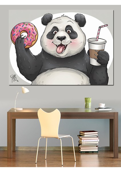 Donut Tutan Panda Dekoratif Kanvas - Mdf Ahşap Tablo