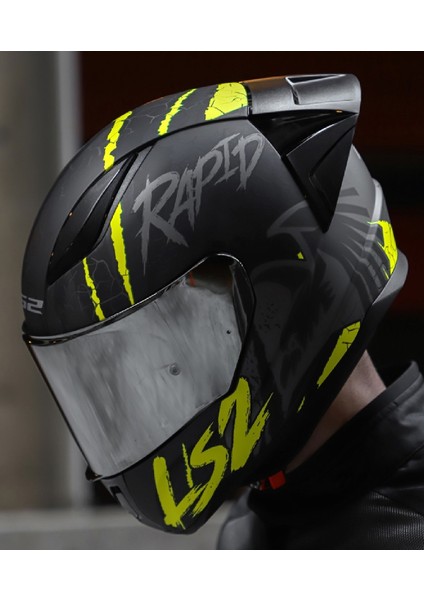 Rapıd 2 Race Raven Neon Sarı Kapalı Motosiklet Kaskı Gri Camlı