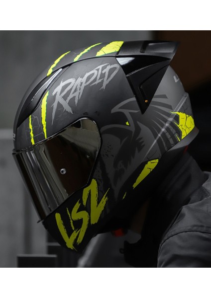 Rapıd 2 Race Raven Neon Sarı Kapalı Motosiklet Kaskı Gri Camlı