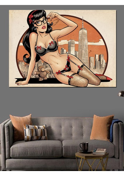 Pin-Up Tarzı Kadın Çizimi Dekoratif Kanvas - Mdf Ahşap Tablo