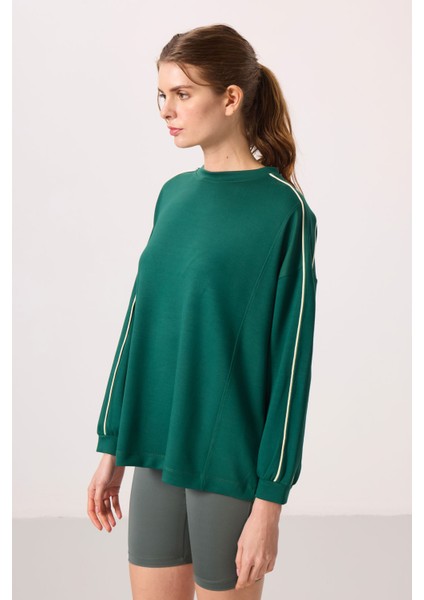 Yeşil Yumuşak Dokulu O Yaka Oversize Kadın Tunik Sweatshirt - 97303