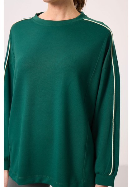 Yeşil Yumuşak Dokulu O Yaka Oversize Kadın Tunik Sweatshirt - 97303